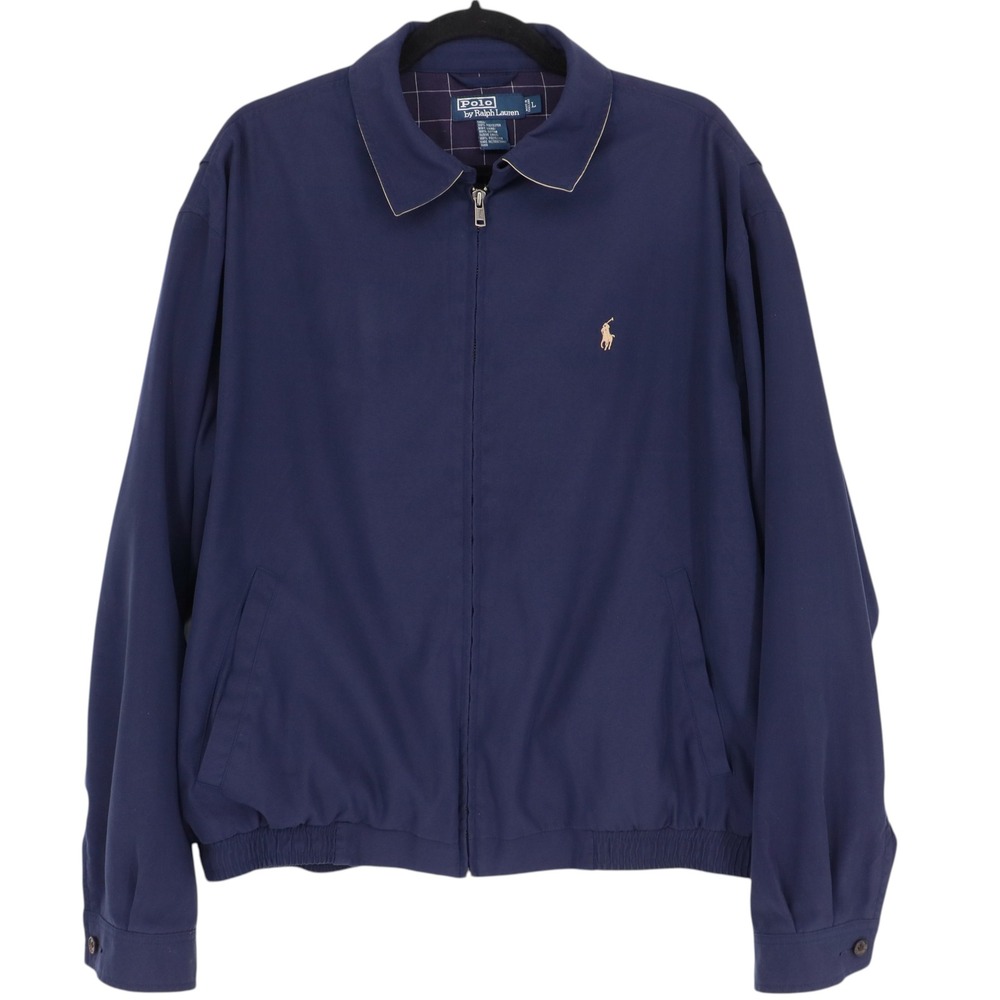 Polo Ralph Lauren Harrington Jacket Mens Size L Navy Blue Full Zip Plaid Lined